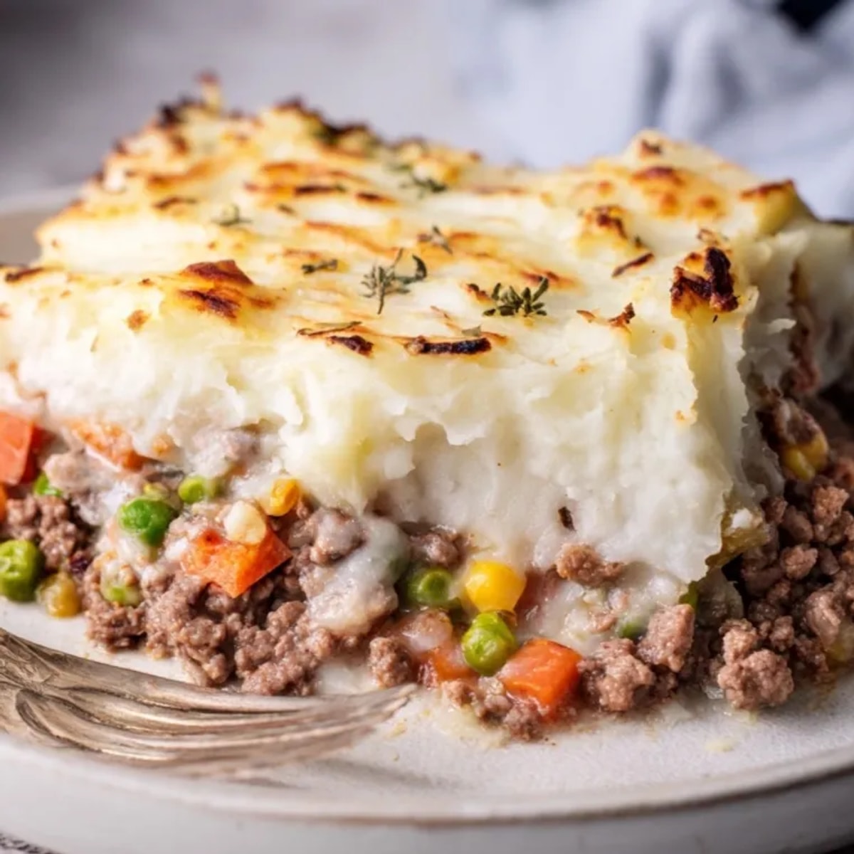 Golden brown warm rustic shepherds pie, bubbling from the oven, promising comfort food.