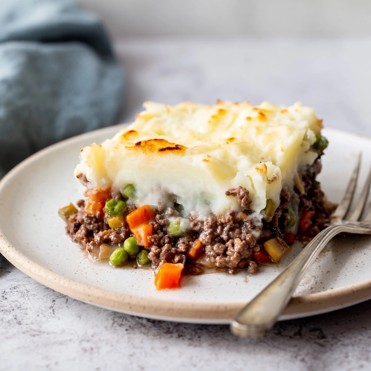 Cheesy potato topping glistens on rustic shepherds pie, a hearty, comforting British classic.
