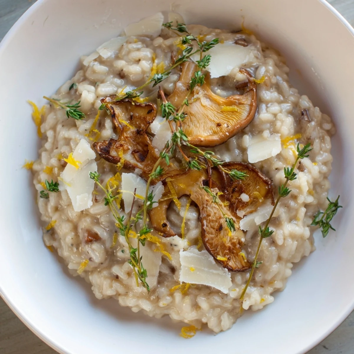 Smoky Cedar-Warm Mushroom and Thyme Risotto, a cozy, creamy dish, is plated beautifully with fresh herbs.