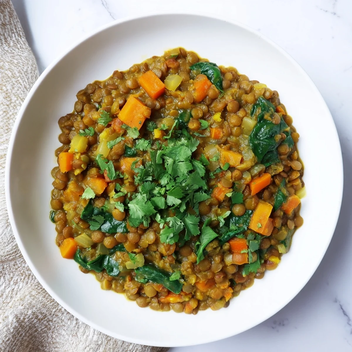 Steaming bowl of Lentil and Spinach Curry, featuring a vibrant mix of green spinach and tender lentils.