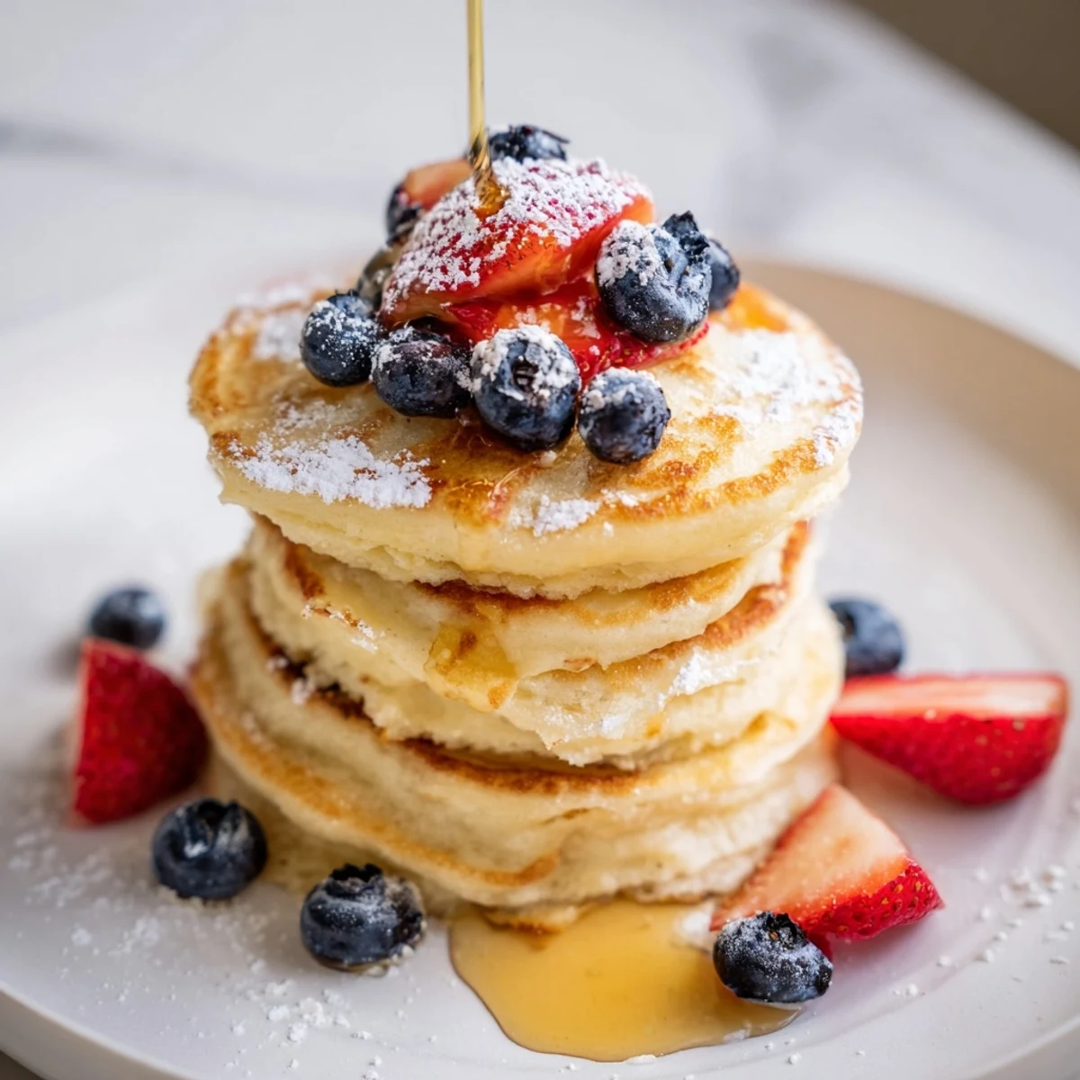 Golden, fluffy ricotta pancakes stacked high, ready to be drizzled with sweet maple syrup.