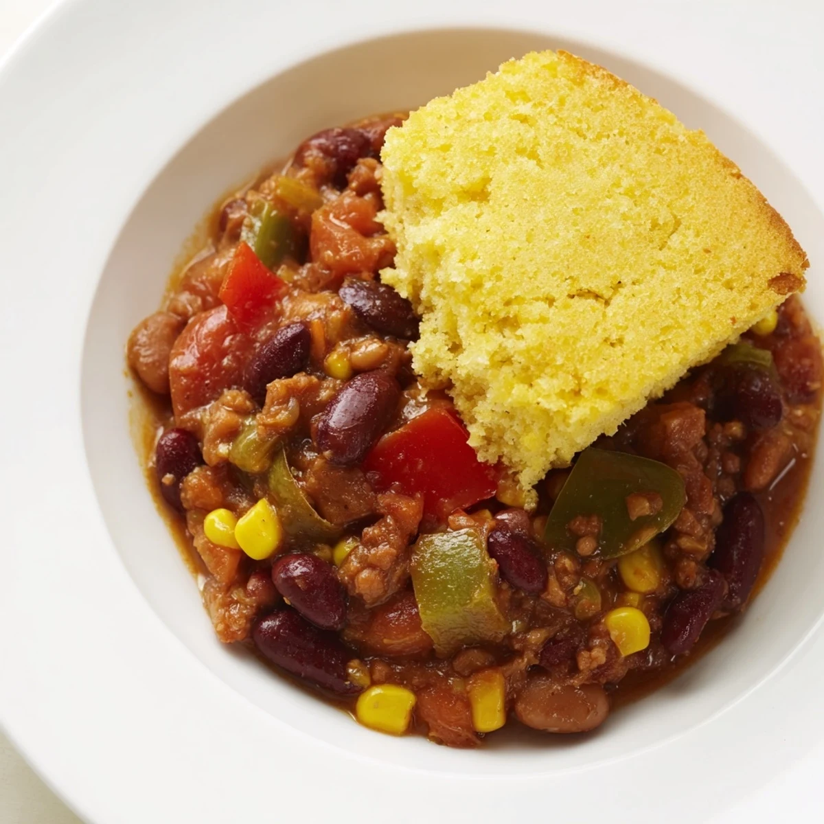 Warm, hearty Rustic Wheat-Warm Chili with Cornbread Topping, steaming and loaded with flavorful vegetables and beans.