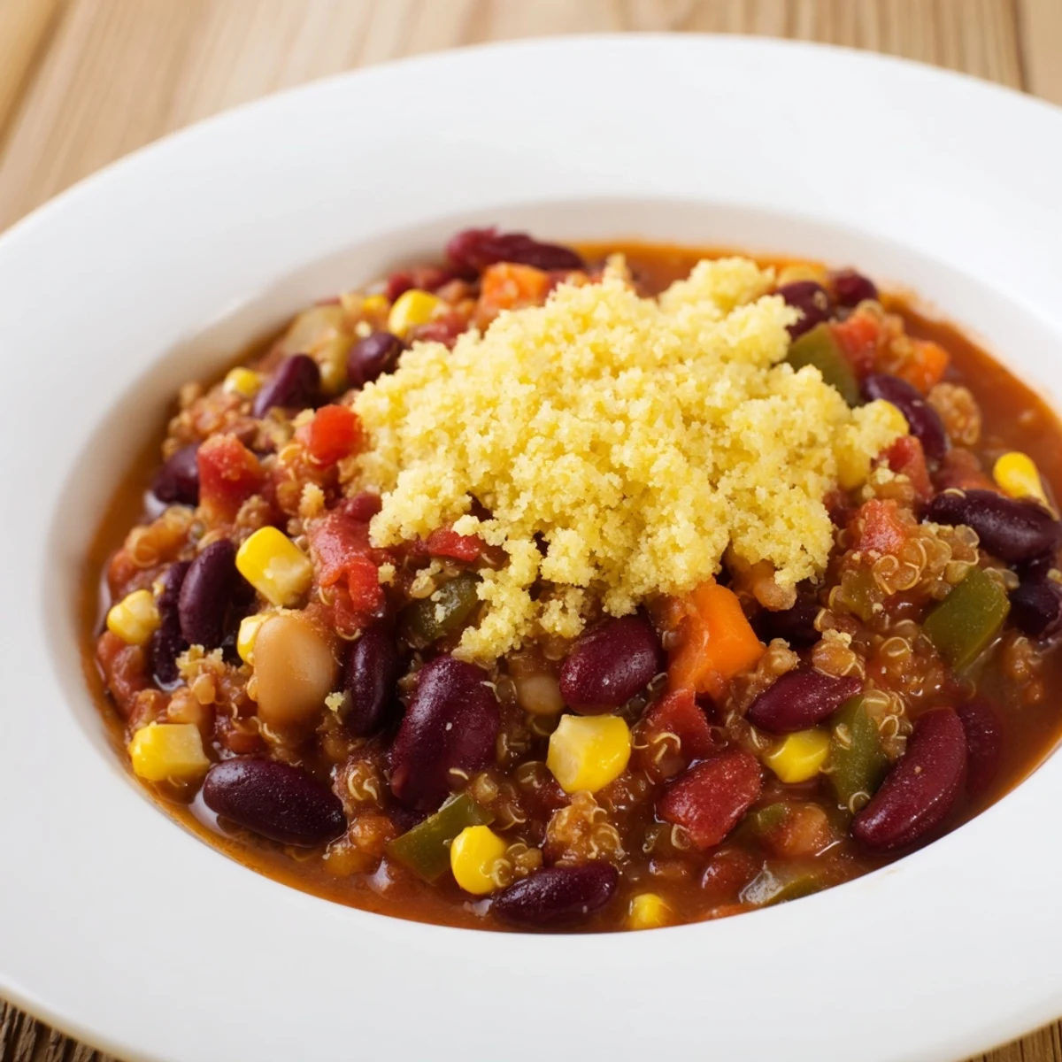 Golden cornbread topping blankets a flavorful Rustic Wheat-Warm Chili, perfect for a cozy, delicious dinner.