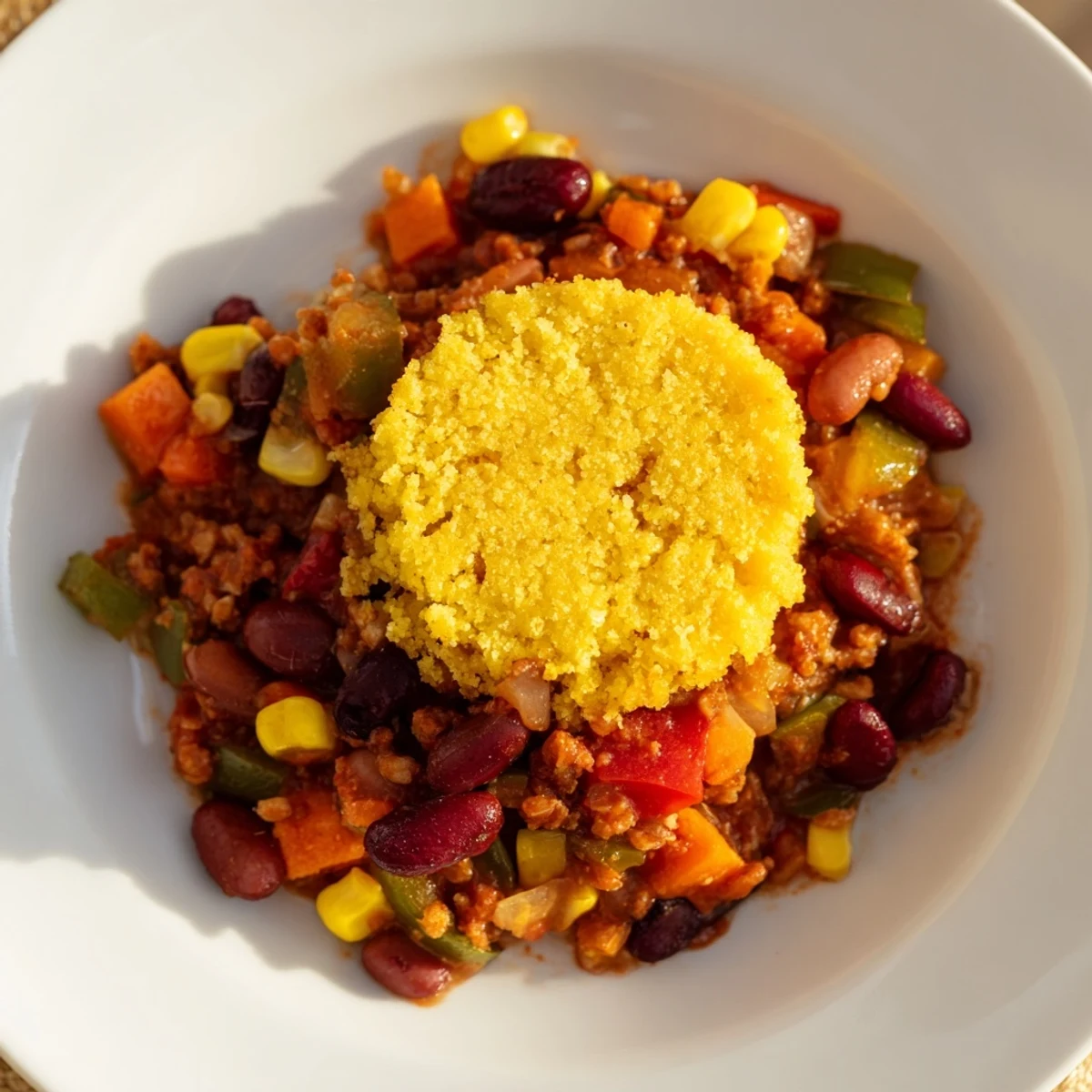 A close-up of Rustic Wheat-Warm Chili with Cornbread Topping, revealing the textures and aromas of a comforting meal.