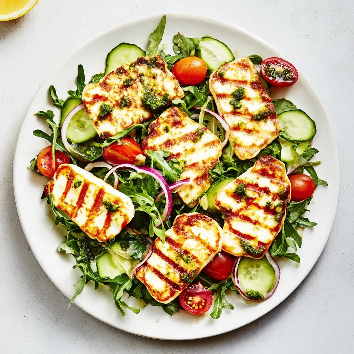Grilled halloumi and pesto plate boasts golden halloumi atop fresh greens, drizzled with vibrant pesto.