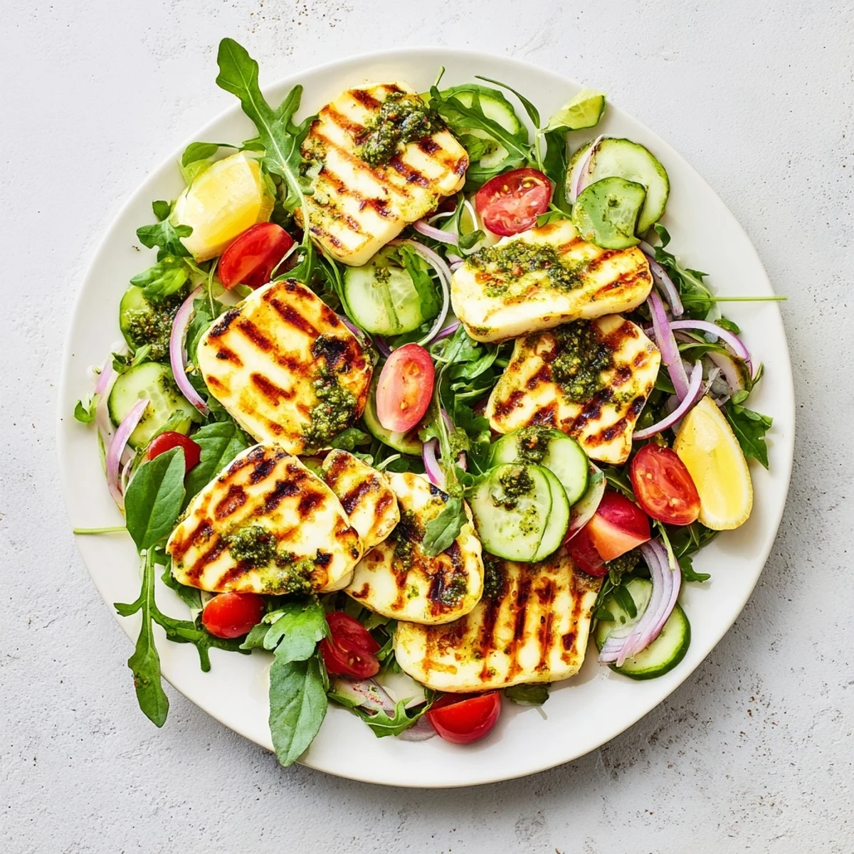 Enjoy the Mediterranean flavors of grilled halloumi and pesto, a delicious, light, summer meal.