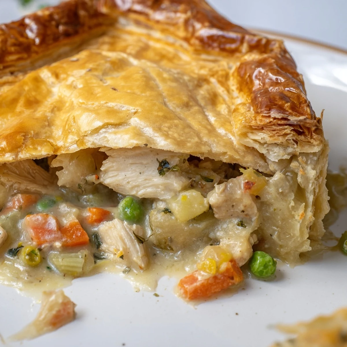 Golden, flaky Laurel & Herb Chicken Pot Pie, bubbling with a savory chicken and vegetable filling.