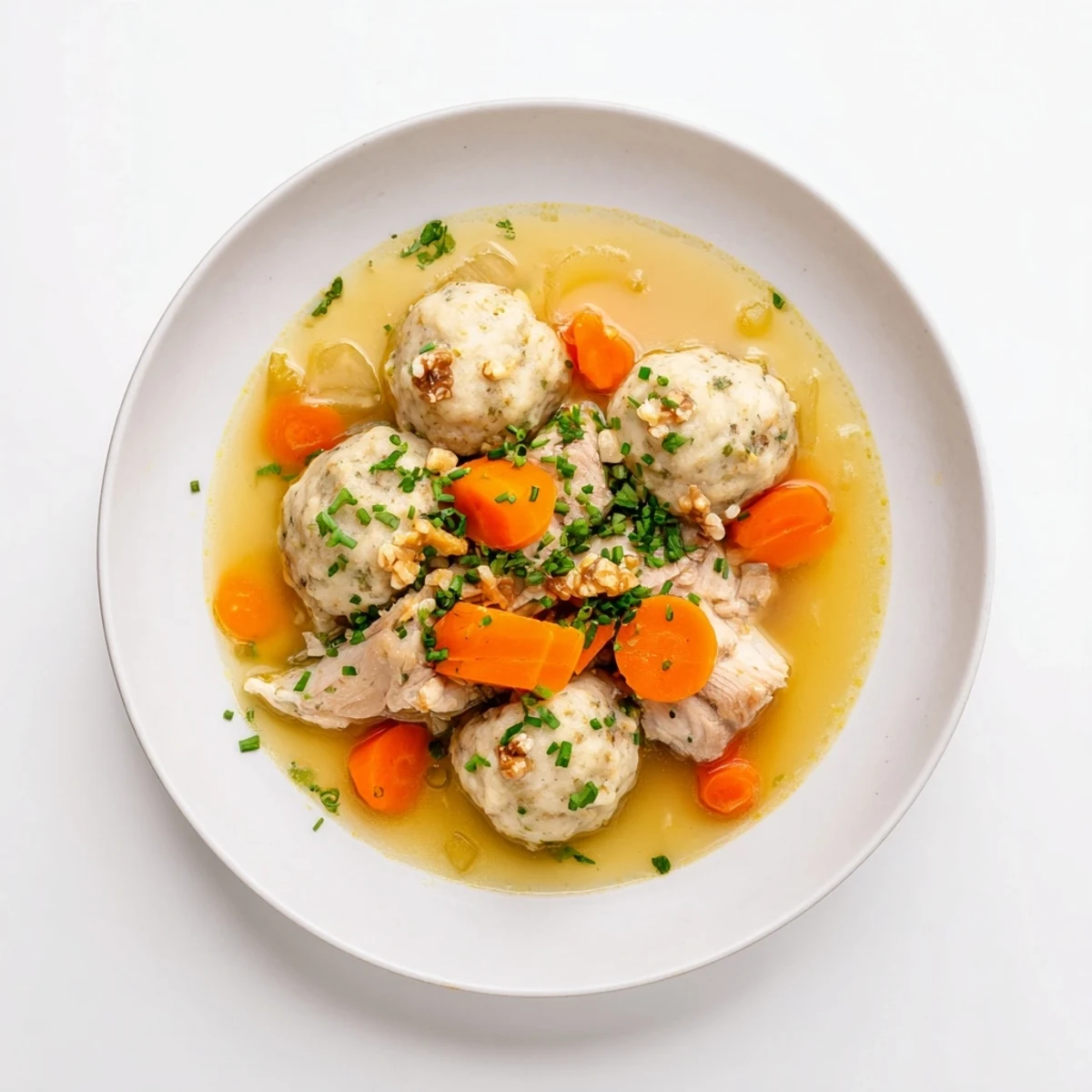 Close-up of golden dumplings and tender chicken in a bowl of Nut-Warm Homestyle Chicken and Dumplings.