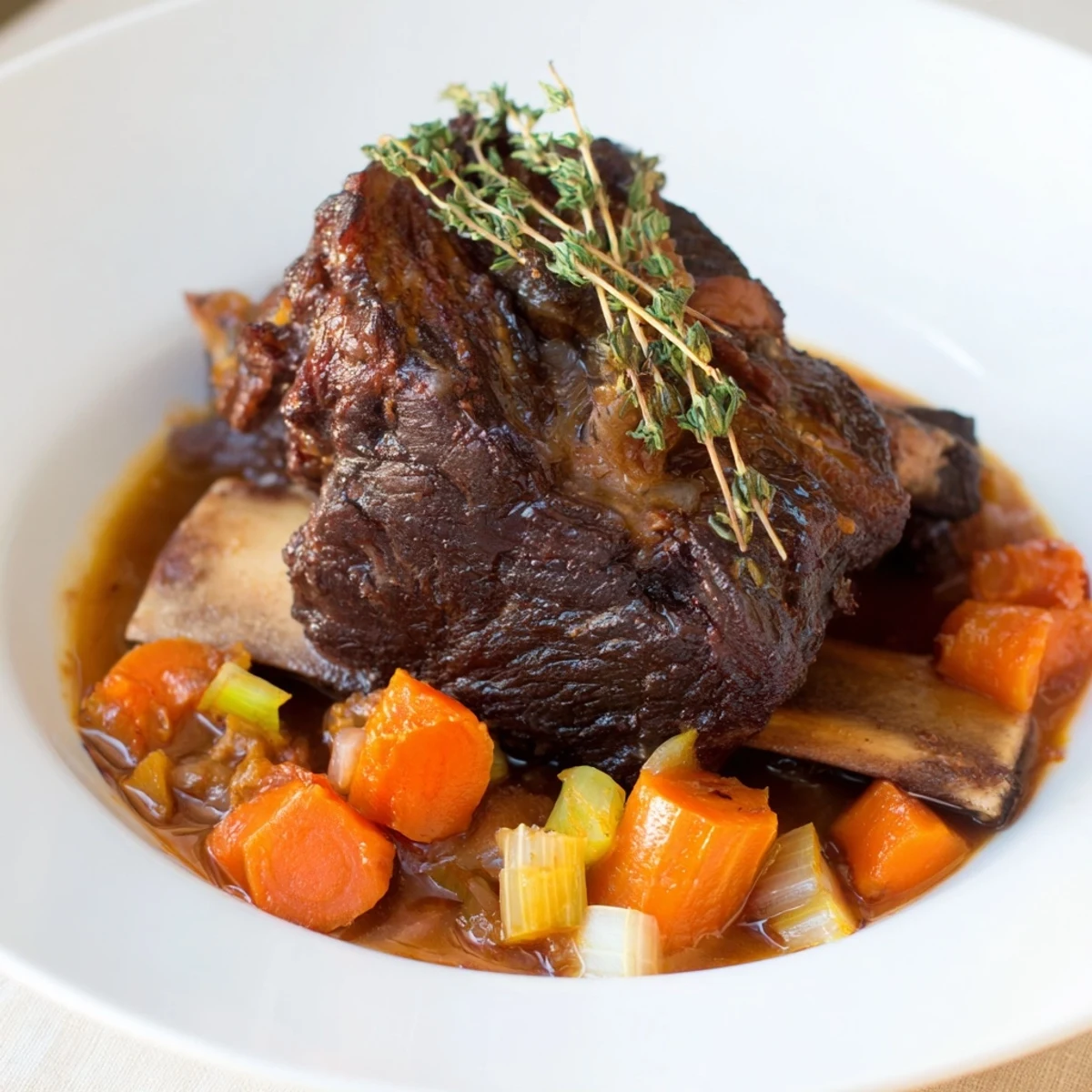 One-Pot Amber-Glowed Beer-Braised Short Ribs, tender and falling apart, served with root vegetables.
