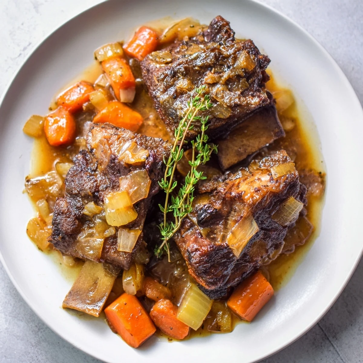 Golden One-Pot Amber-Glowed Beer-Braised Short Ribs, perfectly paired with a crusty bread.