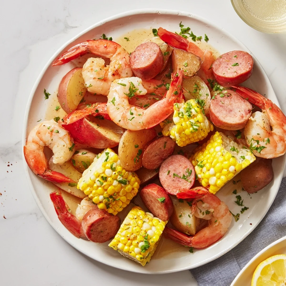 The beautifully arranged Seaside-Inspired Shrimp Boil in a Single Pot, a flavorful, one-pot coastal feast.
