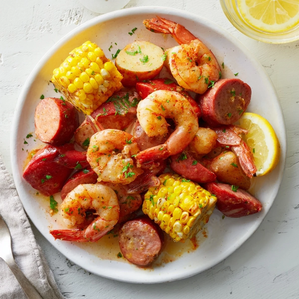 Steaming Seaside-Inspired Shrimp Boil in a Single Pot, a colorful medley of seafood and vegetables, ready to serve.