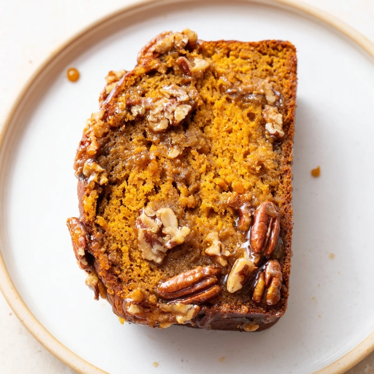 Close-up of a warm slice of Weekend Cabin-Style Sweet Potato and Pecan Loaf, speckled with nuts.