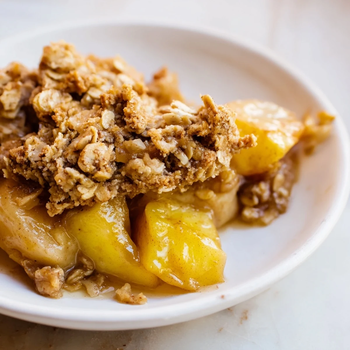 Warm apple crisp with its inviting aroma, topped with a sweet, buttery crumb topping ready to eat.