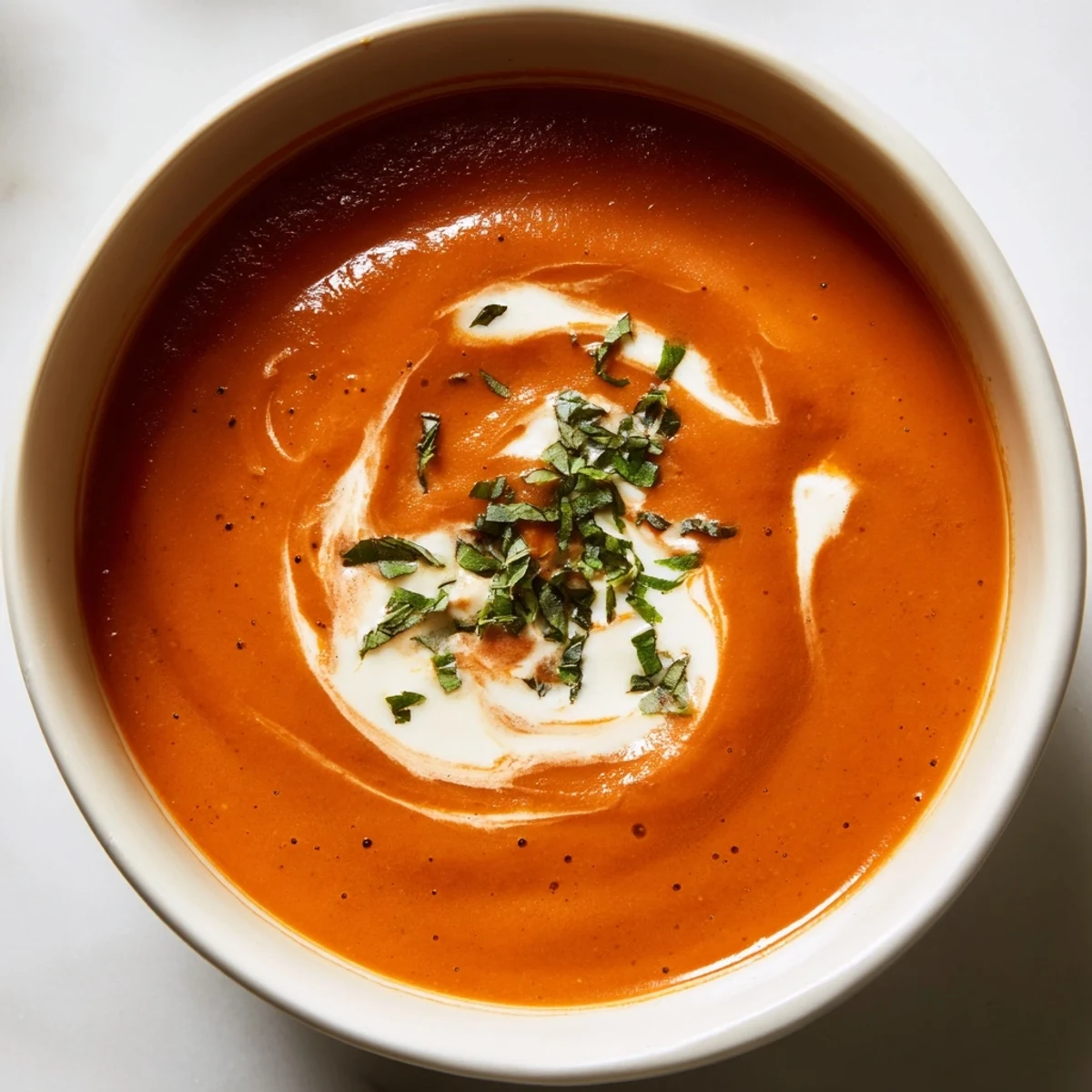 Whisked Weeknight Creamy Tomato and Basil Soup, swirled with cream, ready to warm you up.