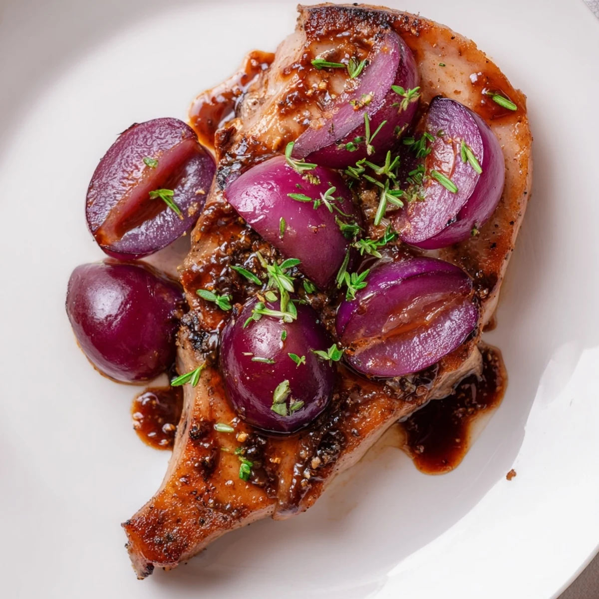 Juicy Plum-Soft Pork Chops glistening with balsamic glaze, served with tender plums and herbs.
