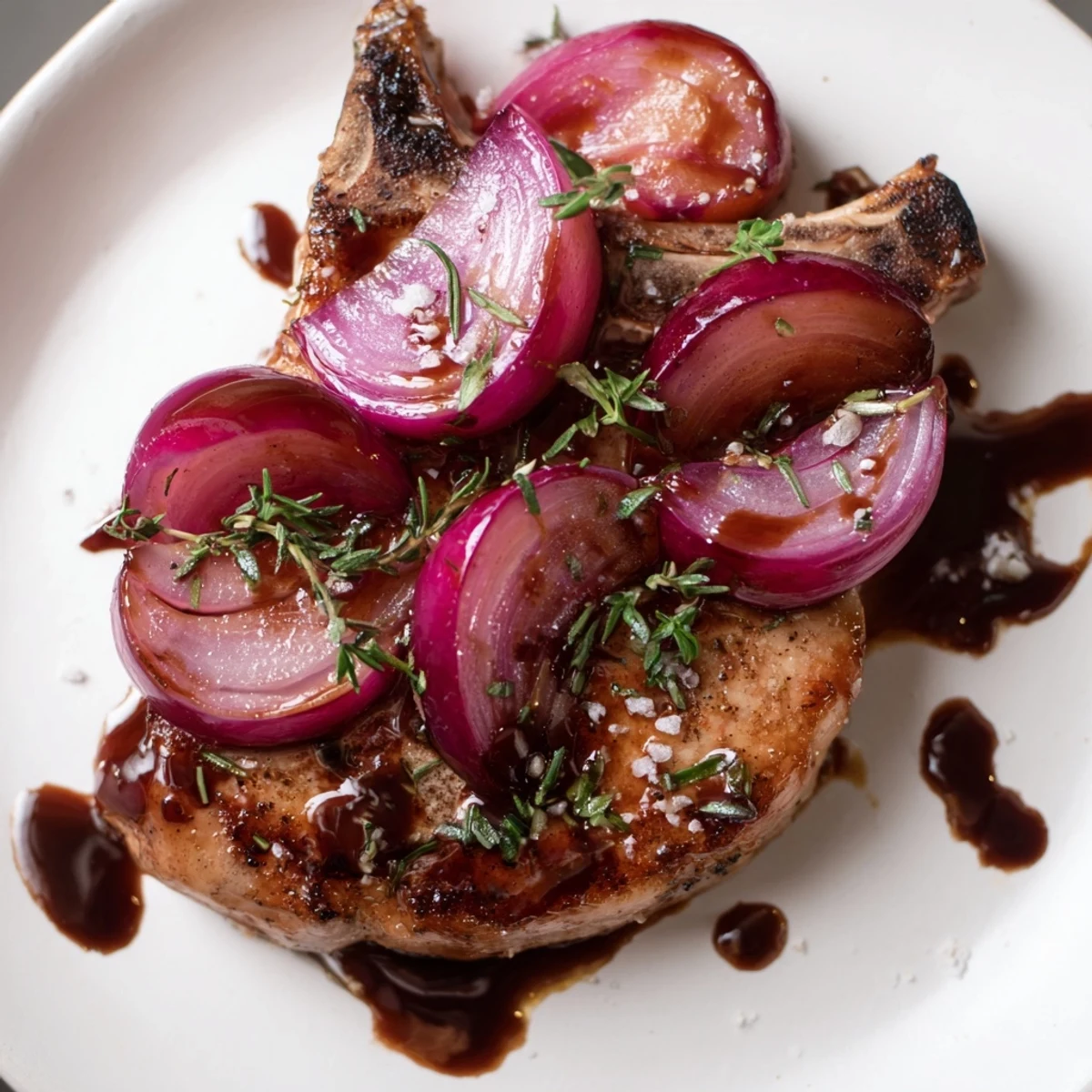 Golden-brown Plum-Soft Pork Chops simmering in a skillet with sweet plums and rich balsamic reduction.