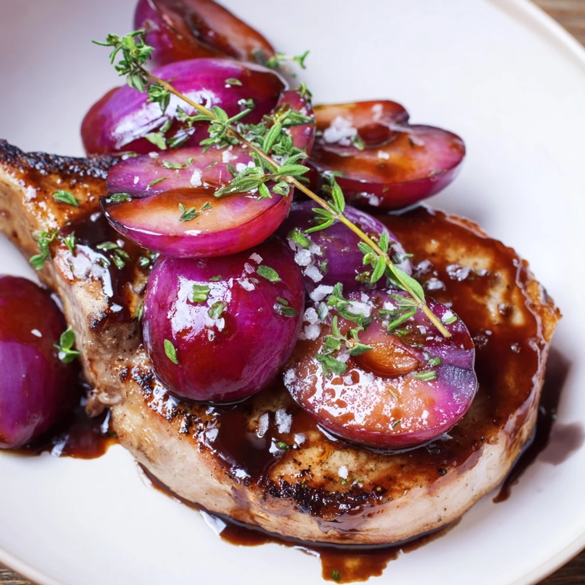 A close-up of a plate with Plum-Soft Pork Chops, showcasing tender meat and glistening balsamic glaze.
