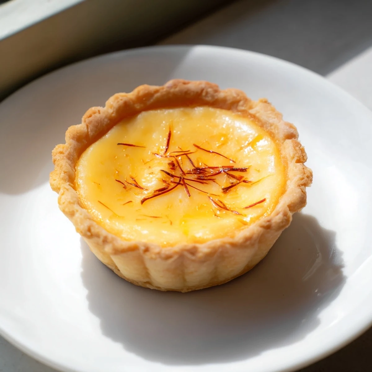 Golden saffron and vanilla custard tart boasts a buttery crust, perfect for dessert tonight.