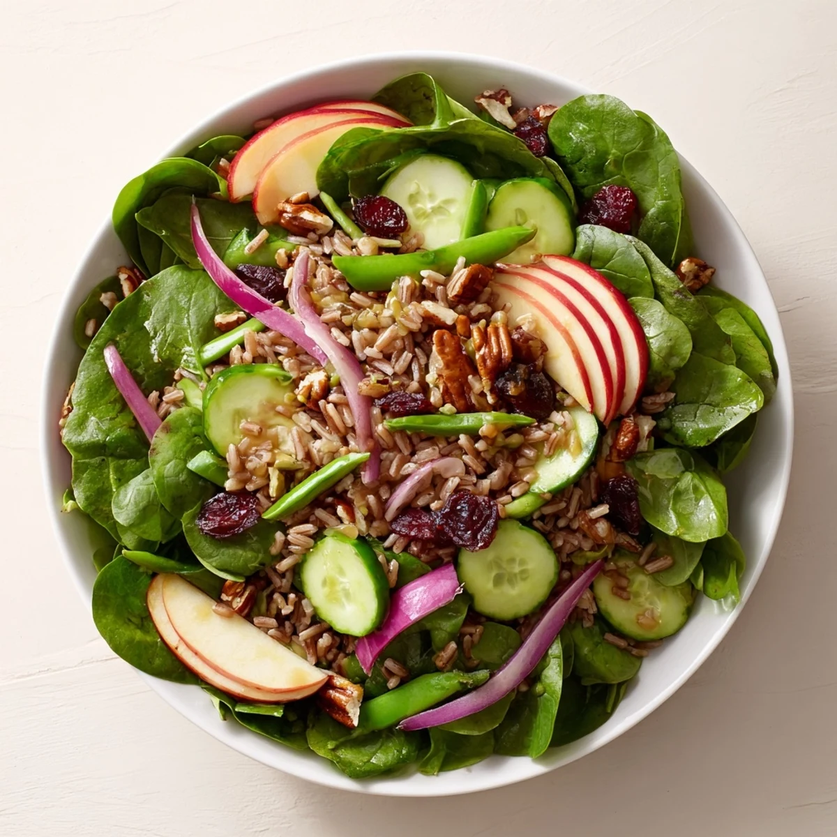 Close-up view of Light Forest-Inspired Wild Rice and Cranberry Salad, bursting with fresh, vibrant flavors.