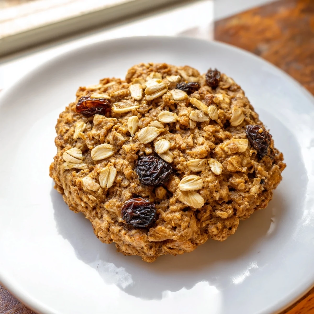 Warm, golden-brown chewy oatmeal raisin cookies, fresh from the oven, ready to enjoy.