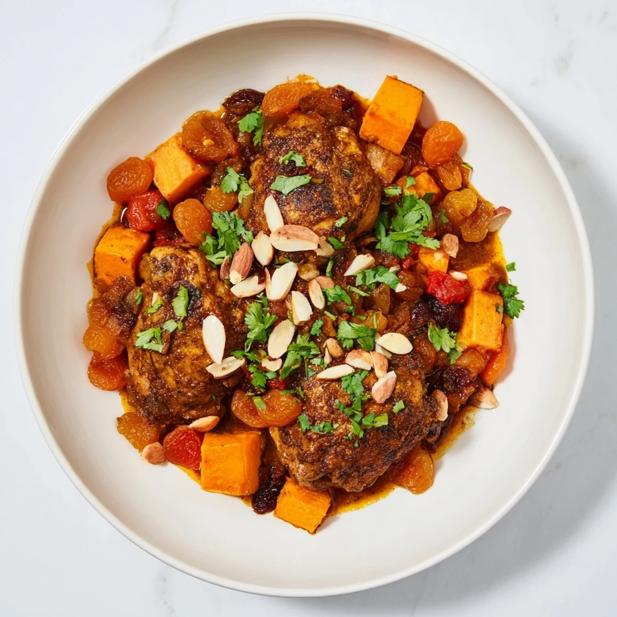 Golden, slow-cooked Soft Spice Slow-Cooker Chicken and Sweet Potato Tagine, ready to serve with fresh herbs.