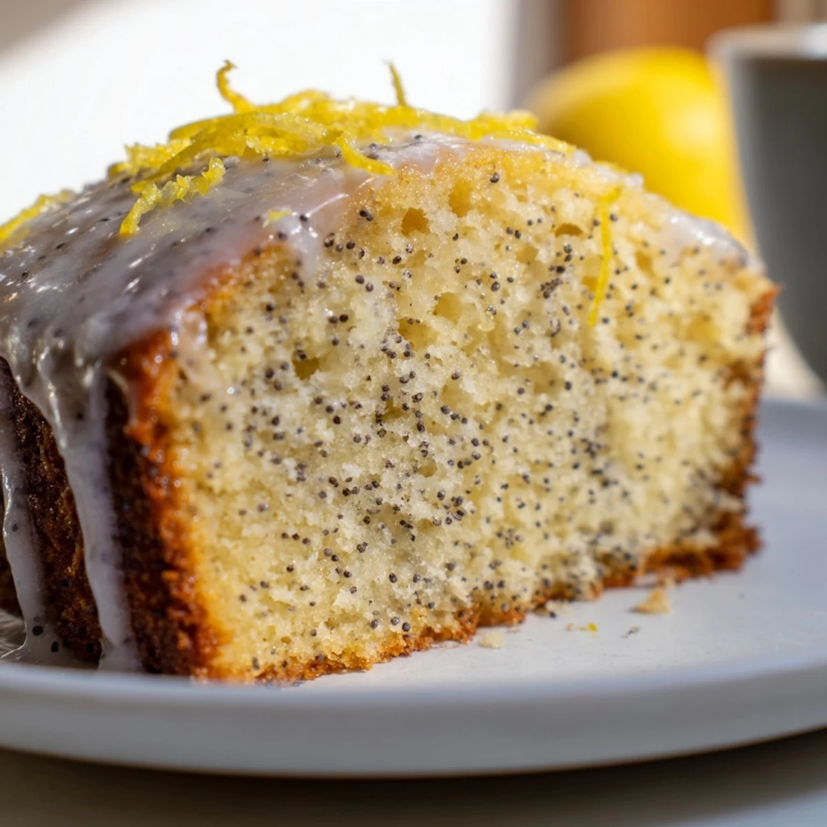 A close-up of a tender Glazed Lemon Poppy Seed Cake dripping with a bright, tart glaze.