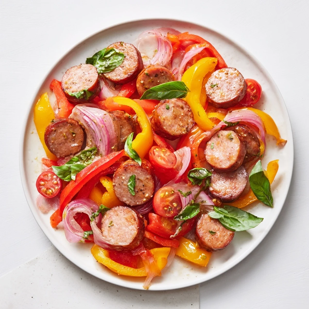 Sizzling Basil-Boosted Sausage and Pepper Skillet Supper, with colorful peppers and browned sausage ready to eat.