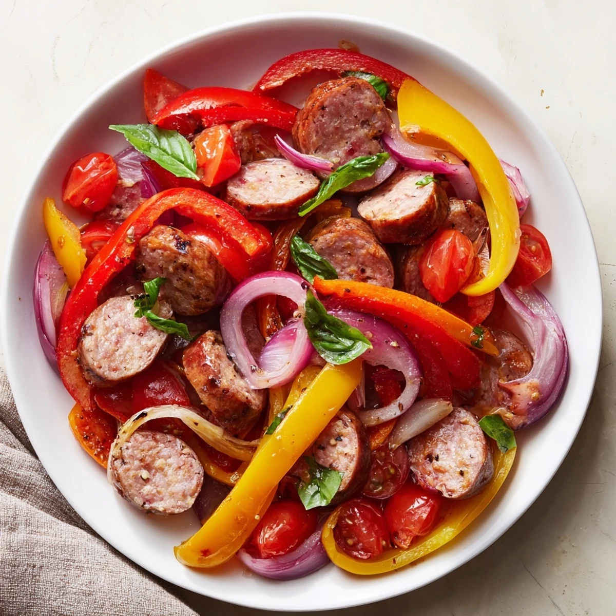 Golden-brown sausage combines with vibrant bell peppers and basil in this quick skillet recipe.