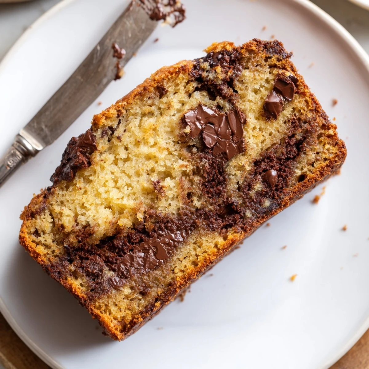 Warm, freshly baked chocolate chip banana bread, with a golden crust and melty chocolate.