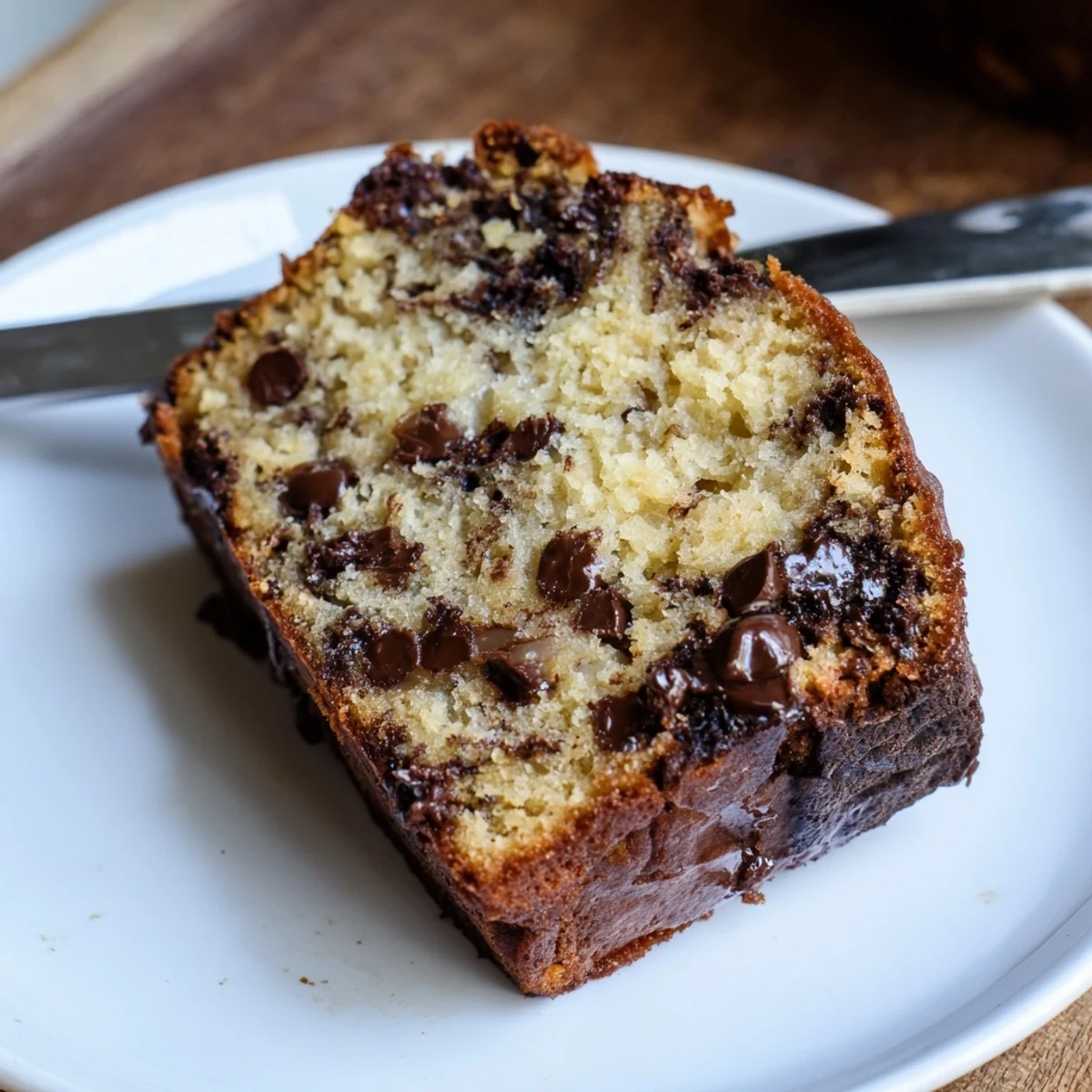 Close-up of moist chocolate chip banana bread slices, a comforting treat perfect for dessert time.