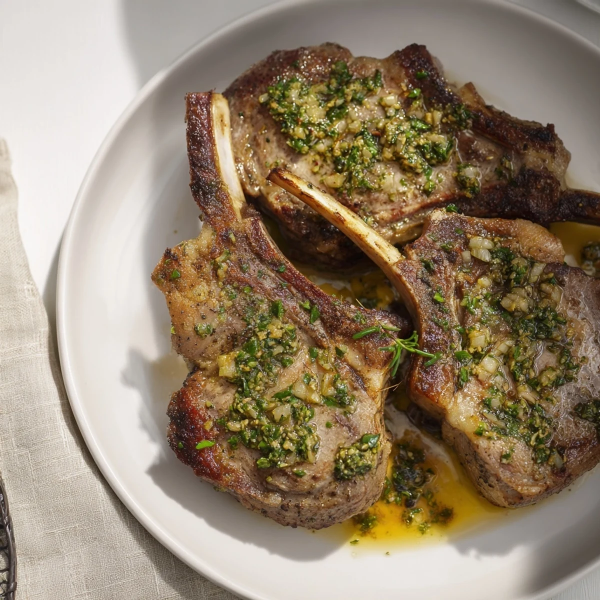 Rustic Mint Weeknight Pan-Seared Lamb Chops, glistening and tender, ready to enjoy with a tangy mint sauce.