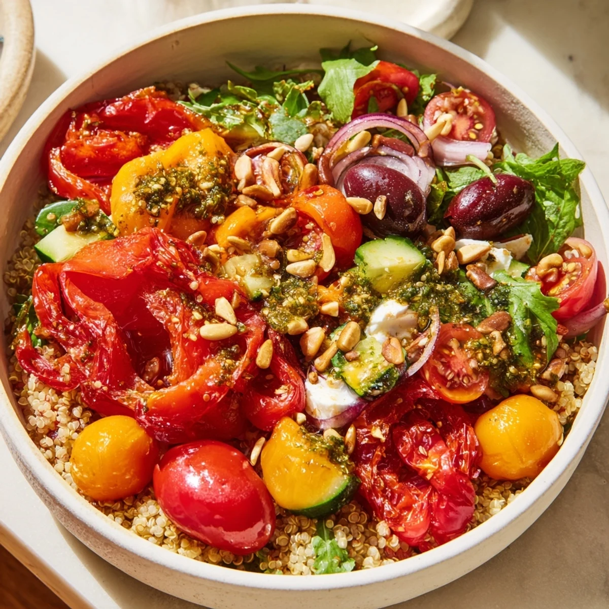 A Mediterranean Grain Bowl with fluffy quinoa, fresh vegetables, olives, and a zesty lemon dressing.