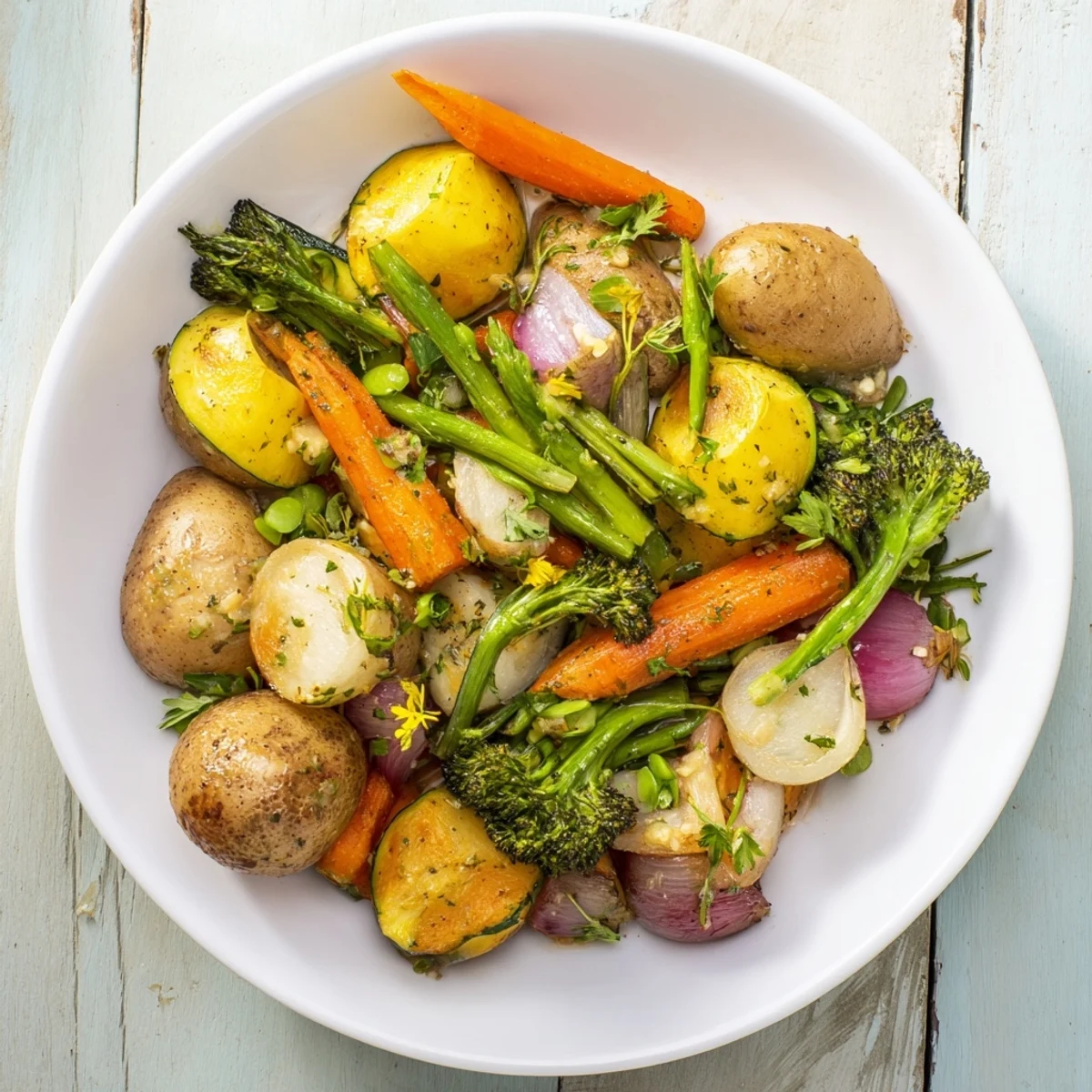 Vibrant Light Herb & Fern-Inspired Roasted Vegetable Platter, bursting with colorful veggies, ready to serve.
