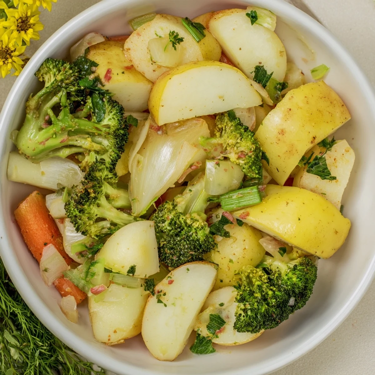 Golden-brown Light Herb & Fern-Inspired Roasted Vegetable Platter, featuring tender squash and herbs.