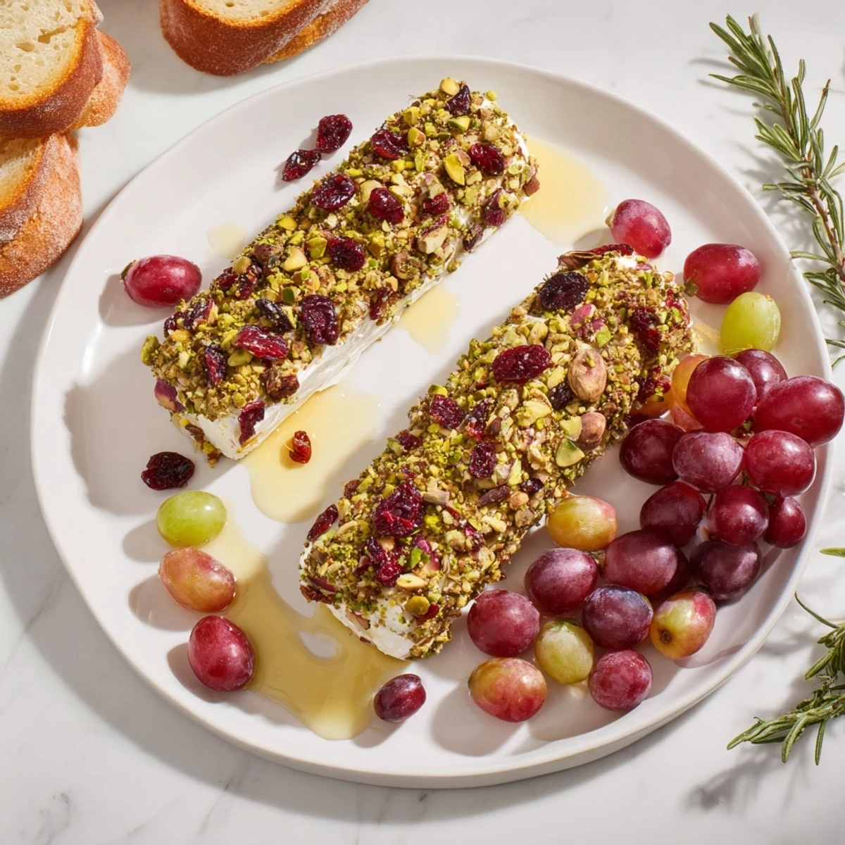 Festive cranberry goat cheese logs board showcasing a creamy appetizer with crackers, fruit, and honey drizzle.