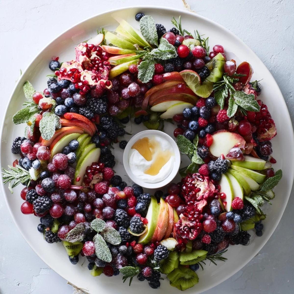 A vibrant Winter Berry Wreath Fruit Board features colorful berries ready for a delicious holiday appetizer.