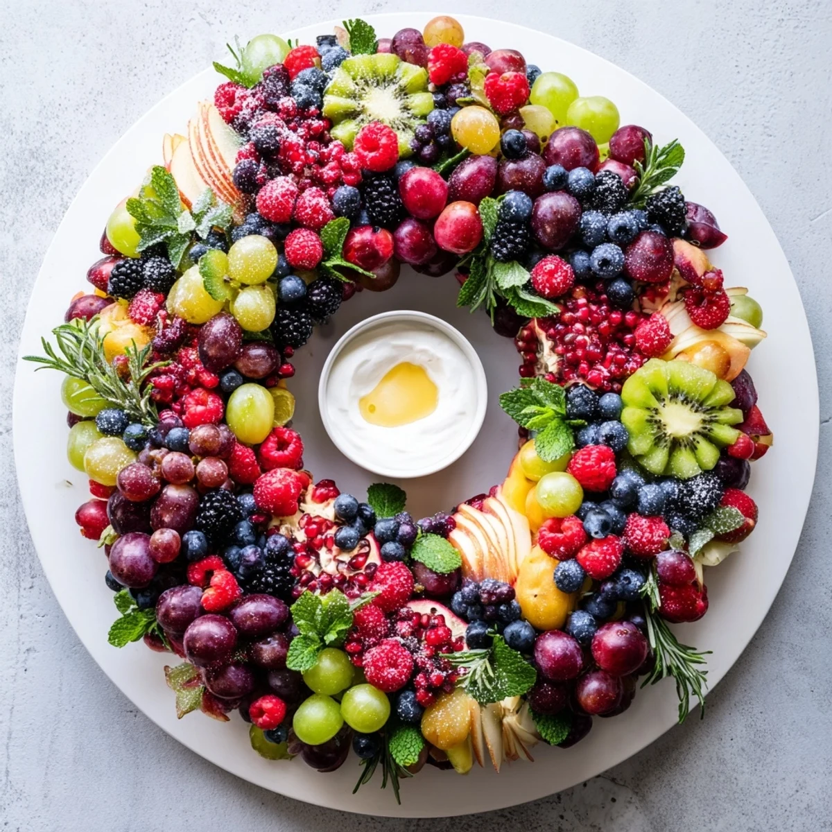 Fresh, juicy Winter Berry Wreath Fruit Board includes berries and fruits artfully arranged for the perfect party display.