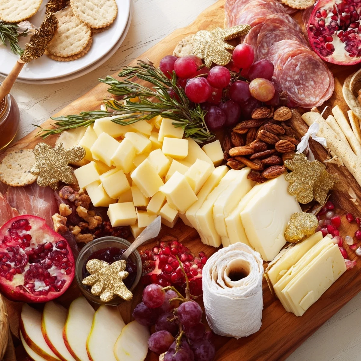 A vibrantly arranged Twelve Days of Christmas snack board filled with holiday goodies and treats.