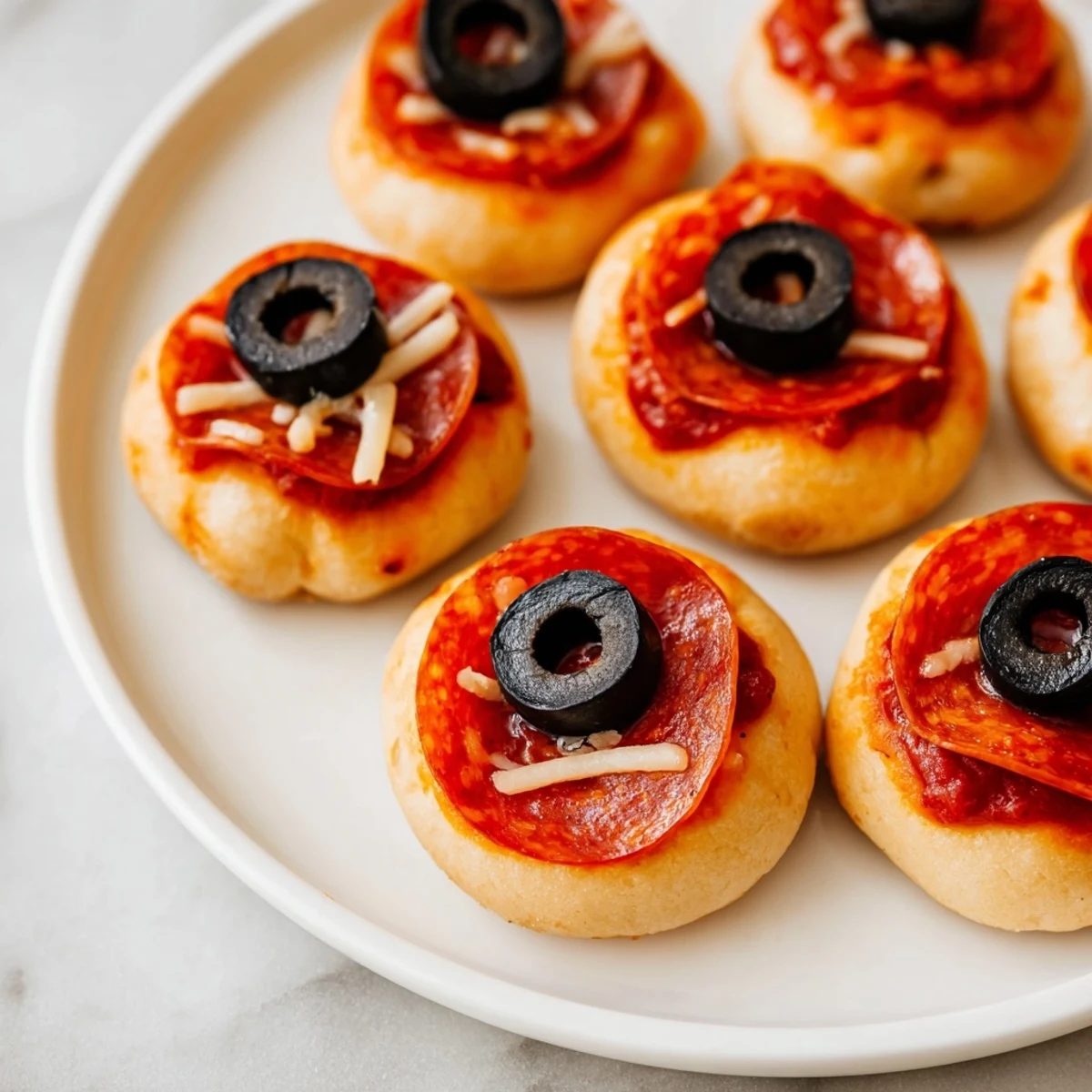 Crispy Santa Belt Mini Pizza Bites: Savory pepperoni and olive detail on a party appetizer.