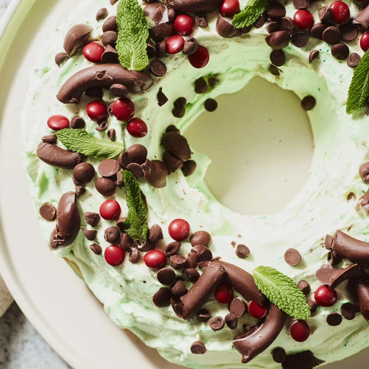 Creamy Mint Chocolate Chip Dip Wreath, studded with chocolate chips, ready to scoop with cookies.