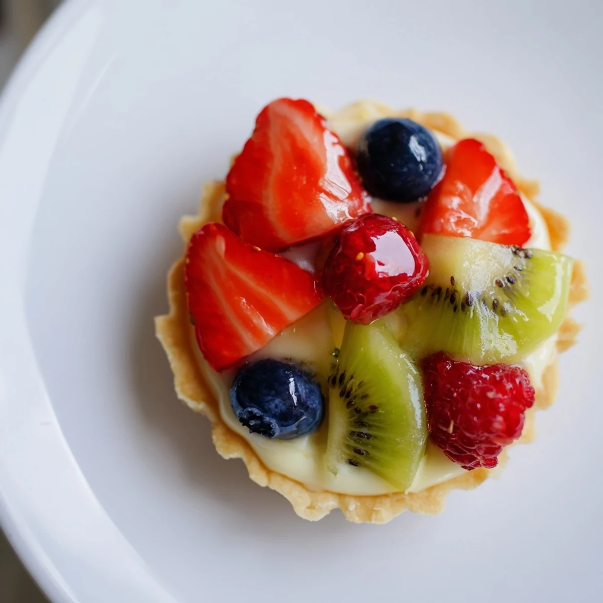 Magnificent Mini Fruit Tartlets artfully arranged in a circle, bursting with fresh, colorful summer fruits.