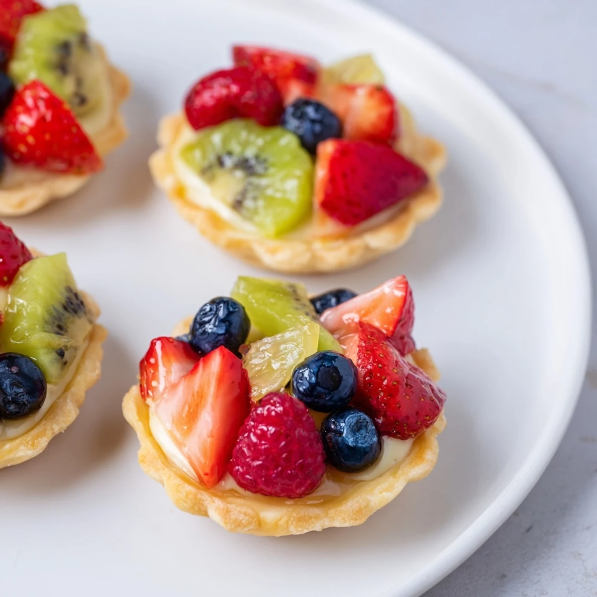 A dazzling circle of vibrant fruit crowns each Mini Fruit Tartlet, ready for a delicious dessert experience.