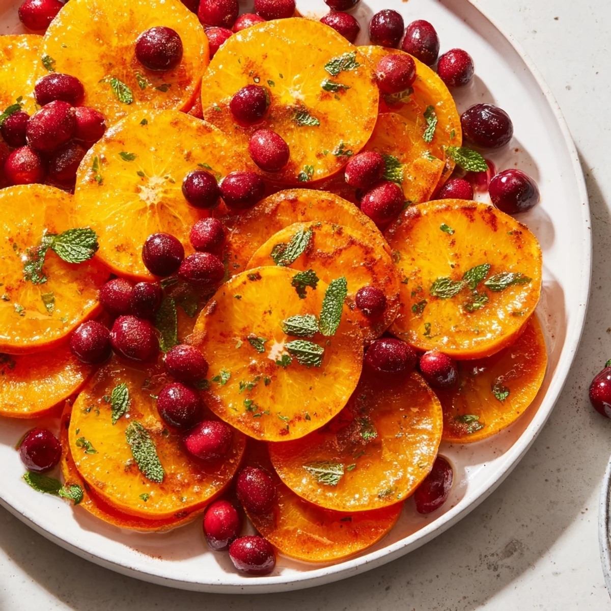 Vibrant orange slices and cranberries scattered, a refreshing winter fruit salad, ready to enjoy.