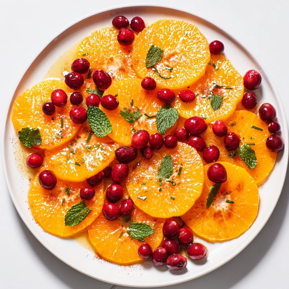 Bright orange and red Winter Fruit salad, a beautiful arrangement of juicy oranges and tart cranberries.