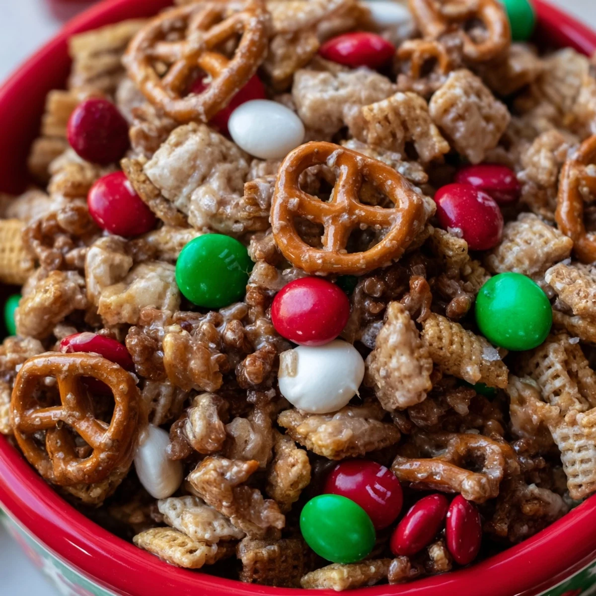 Festive Holiday Mix in a bright red bowl, a sweet-and-salty snack perfect for sharing at gatherings.