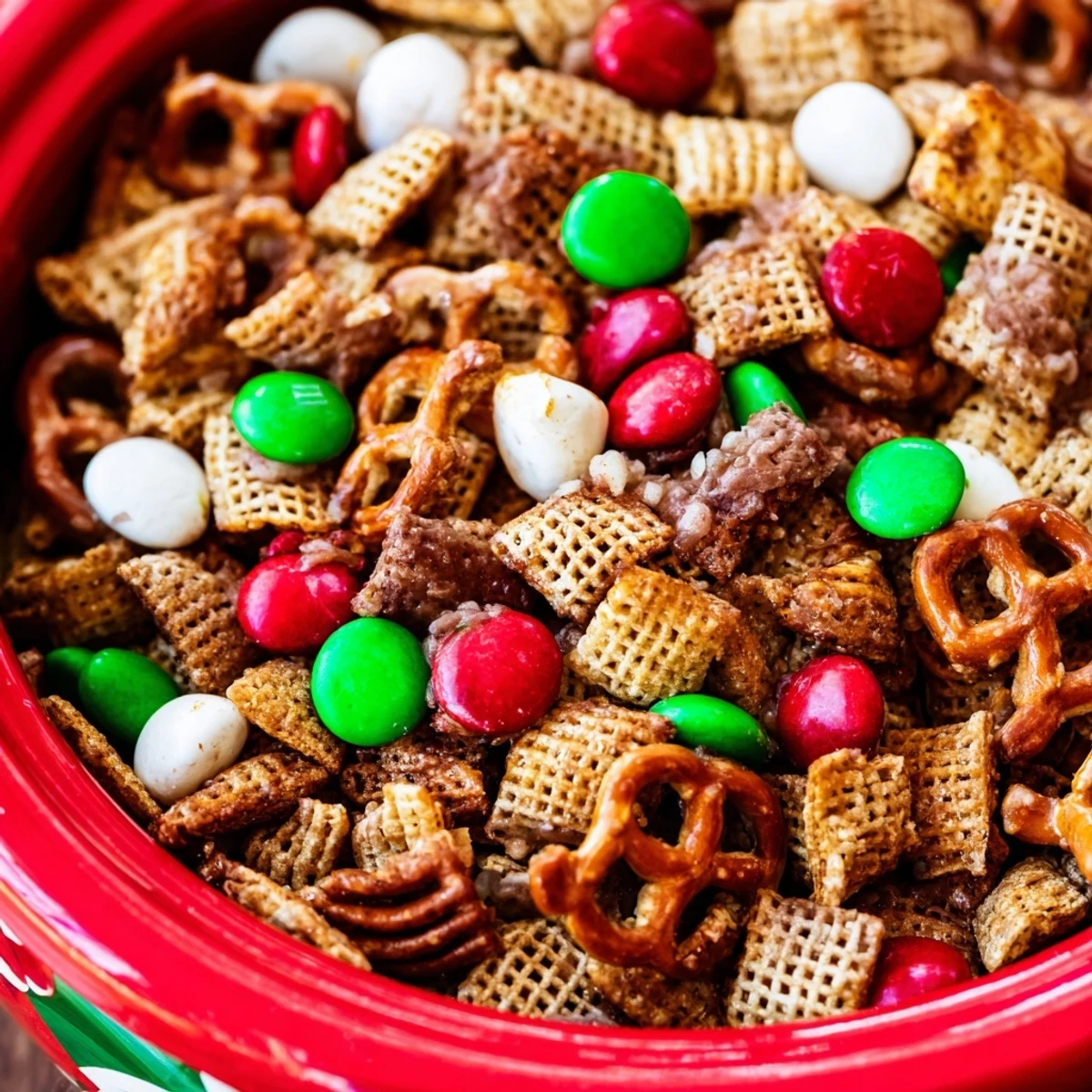 Golden-brown crunchy Holiday Mix, featuring Chex cereal, pretzels, and candies, ideal for an easy holiday treat.