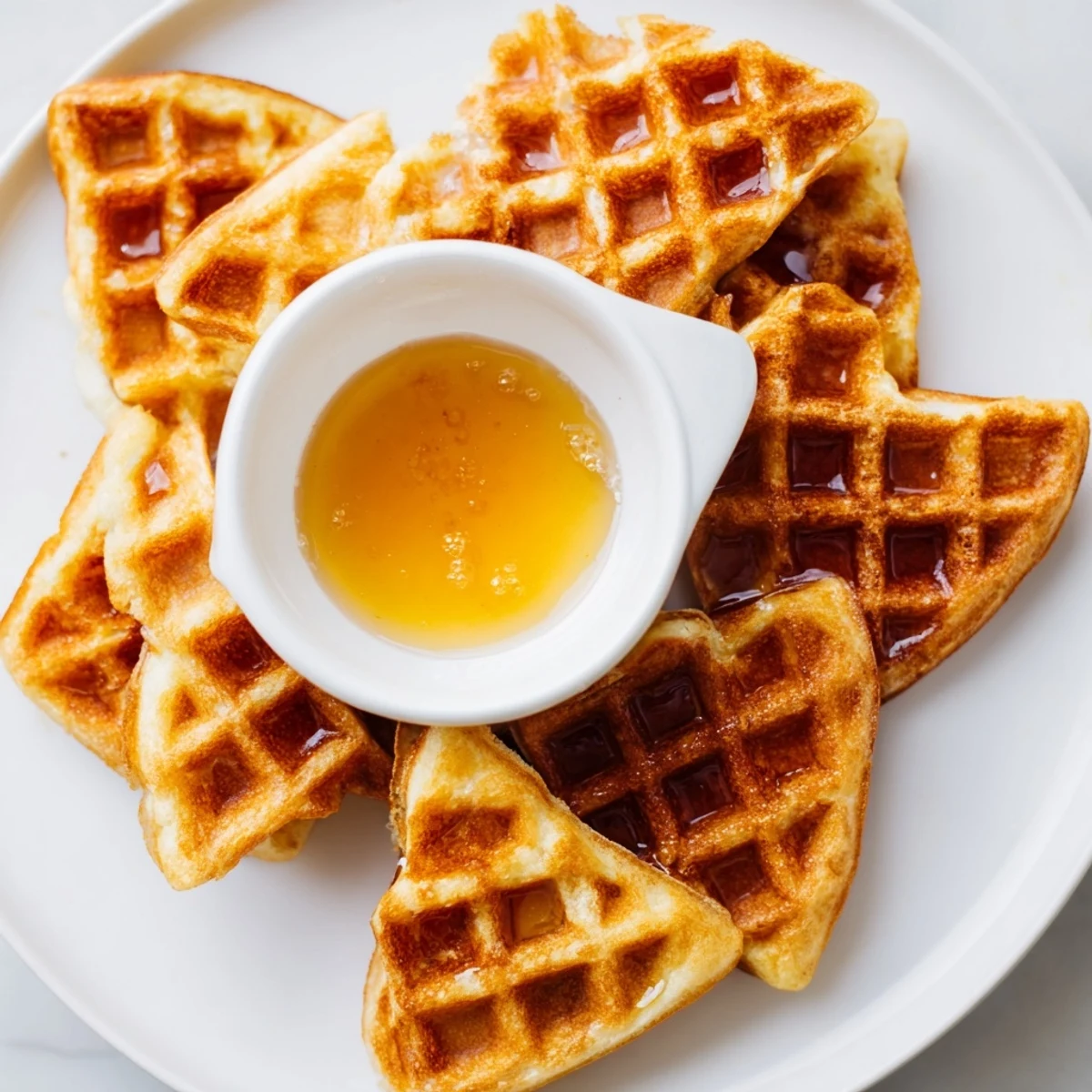 Golden waffle quarters with warm syrup make the perfect breakfast; a delicious treat.