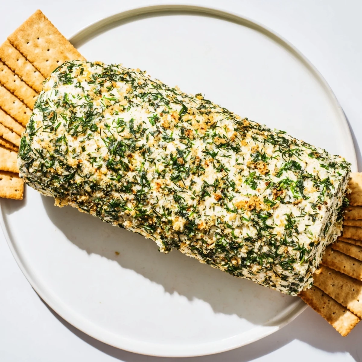 Vibrant herb-coated cheese log with a crisp cracker ring—a simple, delicious appetizer to share.