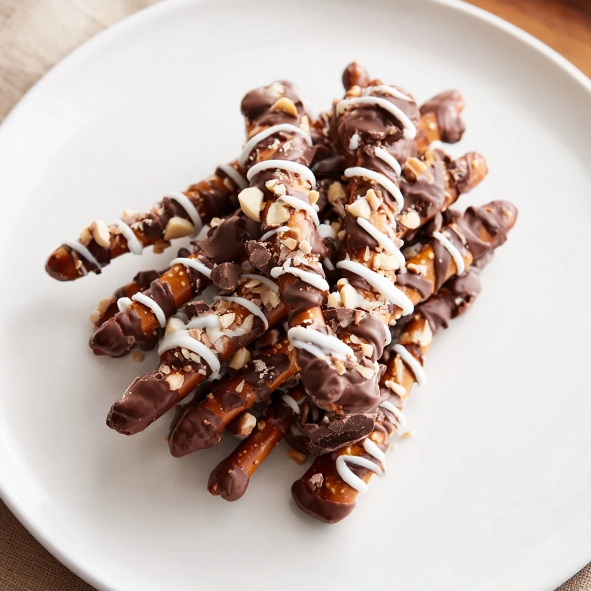 Golden, chocolate-drizzled Chocolate Covered Pretzel Stick Stacks, perfect for snacking and quick dessert enjoyment.